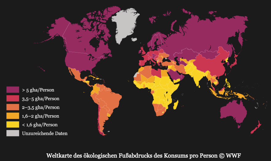 Weltkarte des ökologischen Fußabdrucks des Konsums pro Person vom WWF